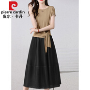 皮爾卡丹（pierre cardin）兩件套套裝連衣裙女夏季2023新款感法式收腰顯瘦高端歐根紗套裝裙 駝配黑色 3XL