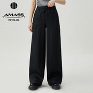 阿瑪施（AMASS）女裝新款時(shí)尚百搭松緊腰直筒休閑長(zhǎng)褲女5100552 亞麻黑 S (2碼)