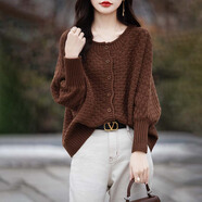 清迎【云霧感】100%純棉針織開(kāi)衫女圓領(lǐng)軟糯慵懶毛衣大碼外套外搭上衣 棕色 L