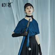 日著原創(chuàng)設計女裝2024夏季新款簡約短袖上衣殘月植絨印花T恤 殘夜藍 S