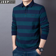 吉普（JEEP）長袖t恤男純棉寬松春秋新款翻領(lǐng)男士時尚條紋體恤衫大碼男裝上衣 木藍 5XL (建議210-225斤)