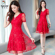 啄木鳥(niǎo)減齡時(shí)尚蕾絲連衣裙女夏合適小個(gè)子遮肚顯瘦網(wǎng)紗繡花裙子 大紅色短袖 L 【適合100到110斤】