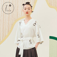 花木深中式印花上衣女休閑系帶襯衫中國(guó)風(fēng)女裝禪意茶服女改良漢服 白底水墨印花 XS