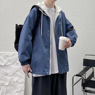 RXEX外套男春秋冬季潮流韓版寬松休閑衣服男裝潮牌假兩件工裝連帽夾克 WT152-藍(lán)色-常規(guī) XL （店長推薦）