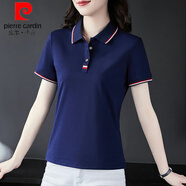 皮爾卡丹（pierre cardin）2025夏季新款翻領(lǐng)POLO衫女短袖純棉T恤女寬松休閑運動女上衣 寶藍(lán)色:純板 3XL 建議120-130斤