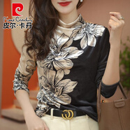 皮爾卡丹（pierre cardin）金絲絨打底衫女士裝春秋冬2025年新款半高領(lǐng)洋氣t恤小衫內(nèi)搭上衣 絲絨黑白花色高領(lǐng) M (95-105斤)
