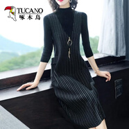 啄木鳥(niǎo)背心連衣裙子女裝秋冬季2025新款打底小個(gè)子中年媽i媽背帶裙兩件 黑色套裝 【上衣+背心裙子】 4XL 【建議155-165斤】