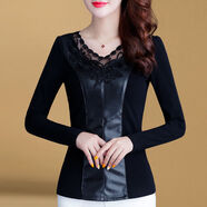 蘭威費雷加絨/不加絨秋冬打底衫女修身百搭時(shí)尚PU皮上衣長(cháng)袖蕾絲拼接小衫 黑色【款】 加絨 XL 建議【115斤-125斤】