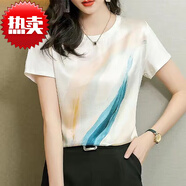 百草布親膚絲滑:短袖t恤女印花2025夏季新款小衫韓版寬松顯瘦上 09款白色 【夏季衣服】 M 建議80-100斤