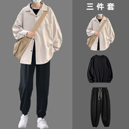 gxmy春秋季夾克外套男士套裝潮流休閑三件套日系衣服男裝一套搭配 杏色襯衫+黑色長袖+黑色束腳九分 XL