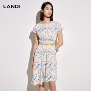 藍(lán)地（LANDI）不對(duì)稱下擺圓領(lǐng)印花系帶連衣裙女夏季新款短袖裙子無(wú)腰帶 花色 XL