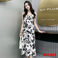 美安嘉海邊度假連衣裙新款氣質(zhì)顯瘦純欲風(fēng)小清新a字長(cháng)裙無(wú)袖吊帶裙 白底黑花-顯瘦遮肚子連衣裙 XL 適合100斤-115斤-顯瘦遮肚子連衣裙