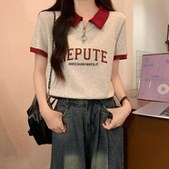 polo衫短袖t恤女2025新款夏季寬松港風設計感小眾正肩翻領上衣服 酒紅拼白灰色 XL （120-140斤）