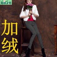 艾妃琳新款格紋打底褲女外穿純棉加絨加厚小腳褲彈力千鳥(niǎo)格鉛筆褲松緊腰 黑色小格子(加絨) 加厚 28 2尺1