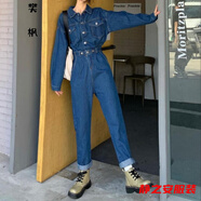 瑪菲萱韓系設計感休閑顯瘦連身工裝連體褲春裝工裝牛仔連體褲女春秋季年 藍色  S (參考80-95斤)