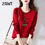 ZGWT輕奢高端品牌圓領衛(wèi)衣女春秋新款秋冬加絨加厚時尚百搭外套上衣服 紅色【單款/不加絨】-毛衣女孩 M 碼【建議100-115斤】