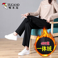 啄木鳥(niǎo)純棉運(yùn)動(dòng)褲女寬松直筒長(zhǎng)褲秋冬季韓版200斤加絨加厚女褲 黑色（加絨版） 400克不倒絨 M 建議96-106斤左右穿