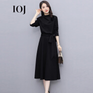 i-O-J高級感早秋長(cháng)袖連衣裙女2025新款高端名媛氣質(zhì)收腰顯瘦過(guò)膝長(cháng)裙子 黑色 M