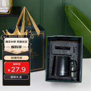 传旗陶瓷马克杯350ml带勺盖咖啡杯水杯子办公室茶杯礼盒款 黑