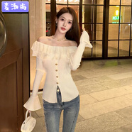 麥潮尚針織衫女毛衣雙層荷葉邊喇叭袖女秋法式一字肩露背上衣緊身彈力開(kāi) 米白色:收藏:.優(yōu)先發(fā)貨 S:建議70-100斤