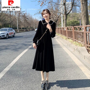 皮爾卡丹法式赫本風(fēng)連衣裙女新款秋冬娃娃領(lǐng)氣質(zhì)打底裙長(zhǎng)袖金絲絨a字裙子 黑色 S 建議90-100斤