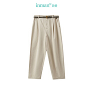 茵曼（INMAN）【商場同款】復(fù)古寬松休閑褲2024春季女裝新款高腰顯瘦九分褲 杏色 28