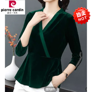 皮爾卡丹（pierre cardin）長袖v領(lǐng)打底衫女2025春新款金絲絨修身上衣網(wǎng)紗拼接T恤衫時尚氣質(zhì) 墨綠色 XL _建議120-130斤