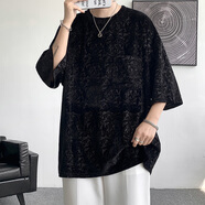 OEMG冰絲七分袖t恤男夏季新款男裝ins港風(fēng)寬松中袖體恤衫青少年上衣服 DX1532黑色 2XL [建議135-150斤]