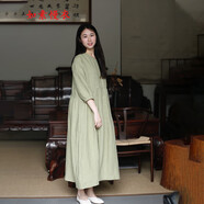 如素慢衣夏季文藝簡約亞麻寬松純色七分袖連衣裙女33208q 豆綠色 M