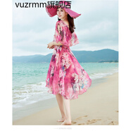 vuzrmm輕奢印花雪紡連衣裙女沙灘裙新款2022波西米亞裙子中長款度假長裙 玫紅印花袖口沒有定珠 3XL