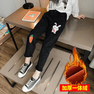 招晴瑜小女孩褲子加絨款秋天女童褲子2022新款春秋洋氣牛仔褲中大童小腳褲兒童高腰彈力長(cháng)褲小腳褲童裝 可愛(ài)兔加絨加厚一體絨 100cm
