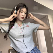 翊尚美短袖t恤女夏季棉質(zhì)短款正肩翻領(lǐng)polo衫女裝新款甜辣風(fēng)修身上衣 8333灰色V領(lǐng)【棉質(zhì)薄款】 M 【適合95-105斤】
