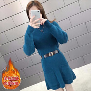 加絨/加絨韓版寬松外穿中長款毛衣女收腰顯瘦秋冬打底毛衣潮 孔雀藍(lán)加絨加厚 【送腰帶】 S 建議85-95斤