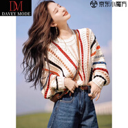 DAVEY MODE彩色條紋針織毛衣女秋冬2025慵懶寬松設(shè)計感鉤花鏤空開衫外套上衣 套-頭款 M 建議95-105