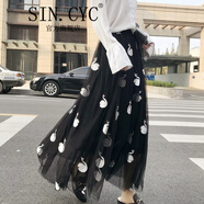 SIN.CYC女裝春季網紗半身裙女百褶裙時尚刺繡高腰裙子中長款垂感A字 天鵝款黑色 M 90c 裙長90cm二層紗+一層襯)