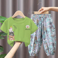 GOOFLORON兒童夏季套裝新款純棉短袖T恤男童女童寶寶洋氣上衣兩件套潮流 綠色T恤+藍色防蚊褲 100 cm