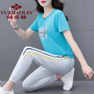 俞兆林媽媽裝冰絲運動(dòng)套裝夏裝女2024新款夏天跑步服休閑短袖七分褲兩 天藍[長(cháng)褲套裝] M (建議80-95斤)