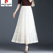 皮爾卡丹三層大擺網(wǎng)紗半身裙秋季半身長(cháng)裙蕾絲花邊垂感a字百褶蛋糕裙 象牙白花邊裙 M 80-100斤