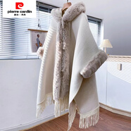 皮爾卡丹（pierre cardin）斗篷外套女新款毛呢披風(fēng)加絨加厚韓版感流蘇毛領(lǐng)披肩大衣 米色不加絨