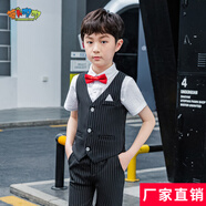 蘿卜唄唄兒童西裝套裝男童禮服西裝鋼琴主持演出服花童禮服鋼琴表演服西服 黑色馬甲+長褲+短袖襯衫+領結 160 建議體重68-77斤