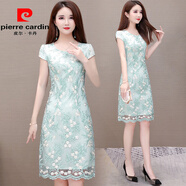 皮爾卡丹（pierre cardin）改良旗袍連衣裙2025夏季新款女中國風刺繡修身顯瘦蕾絲雪紡包臀裙 綠色 M
