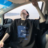 普戈斯（PUGESI）重磅短袖t恤男潮牌潮流美式復(fù)古oversize寬松痞帥純棉高街體恤衫 T3497黑色 常規(guī) M