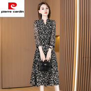 皮爾卡丹（pierre cardin）長(cháng)袖連衣裙2025新款女春秋夏十三行爆高端品牌小個(gè)媽雪紡碎花裙子 黑色【今年流行漂亮氣質(zhì)名媛高端 M 【建議85-105斤】