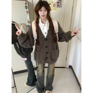 DXOT美式復古V領設計毛衣開衫女秋冬寬松慵懶學院風紐扣仿貂毛針織衫 灰咖色 M 建議95斤-110斤