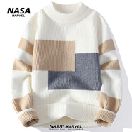 NASA MARVEL撞色拼接毛衣男冬季新款韓版潮流休閑百搭寬松針織衫 6301米白色 M （約90-105斤可穿）