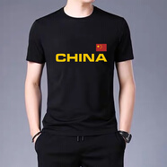 歐黛秀帶有中國字樣的t恤短袖百搭上衣China風(fēng)體恤男愛(ài)國衫五星紅旗夏 A02黑色 S155-160cm(45-50kg)