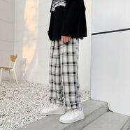 凡摩喬胖m斤休閑褲子女春秋寬松大媽學生闊腿褲原宿港風直筒格子褲 黑白格 L 90-130斤