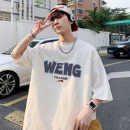 Tim Peake小領(lǐng)口五分袖t恤男款夏季港風(fēng)潮牌印花寬松大碼半截袖 C39 白色 XL