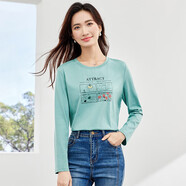 尚都比拉IP聯(lián)名印花純棉長袖t恤女春秋圓領顯瘦百搭女裝上衣 湖綠色 M 