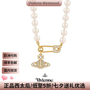 薇薇安·威斯特伍德（Vivienne Westwood）明星西太后正品珍珠項鏈毛衣鏈土星別針鎖骨鏈送女友七夕禮物 金色--土星別針珍珠鏈